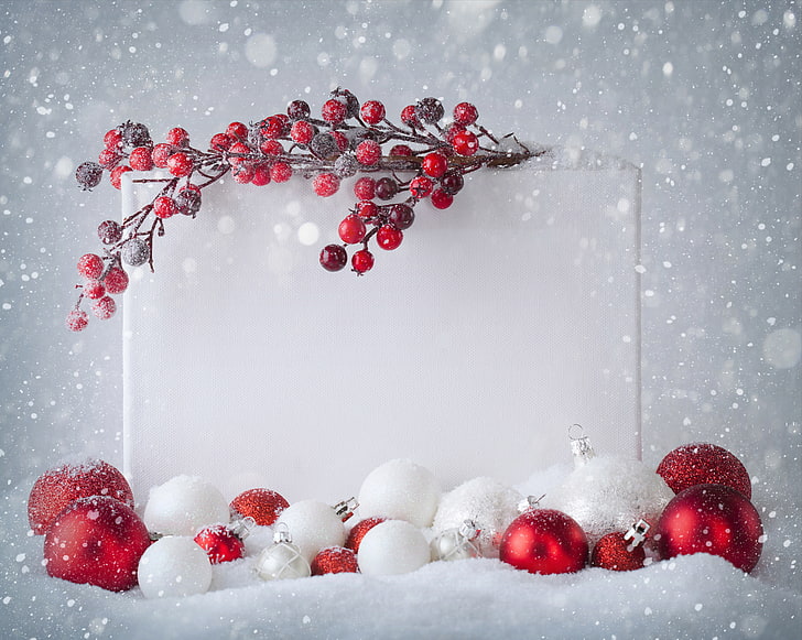 dużo czerwono-białych bombek, nowy rok, Boże Narodzenie, Wesołych Świąt, Tapety HD