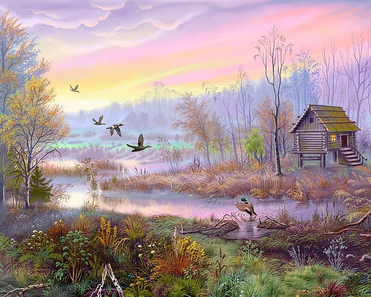 пейзажная живопись, птицы, дом, рисунок, болото, HD обои