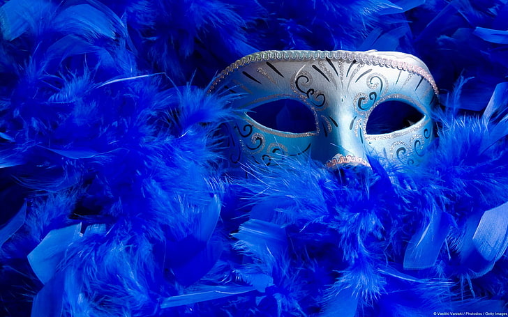 mask, venetian masks, feathers, blue, HD wallpaper
