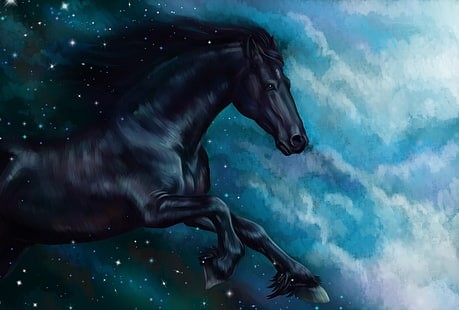 caballo, óleo, cuento, arte, acuarela, lápiz, pintura, gouache, papel tapiz, pintura, cielo nocturno, las nubes de estrellas, Fondo de pantalla HD HD wallpaper