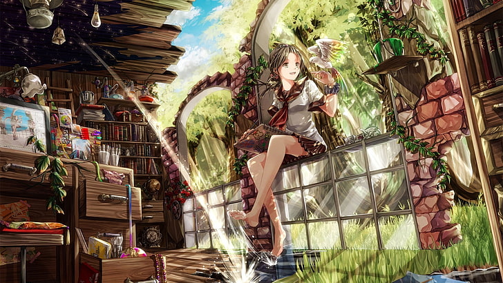 chica anime, mundo de fantasía, sentado, pájaro, libros, artista, agua, Anime, Fondo de pantalla HD