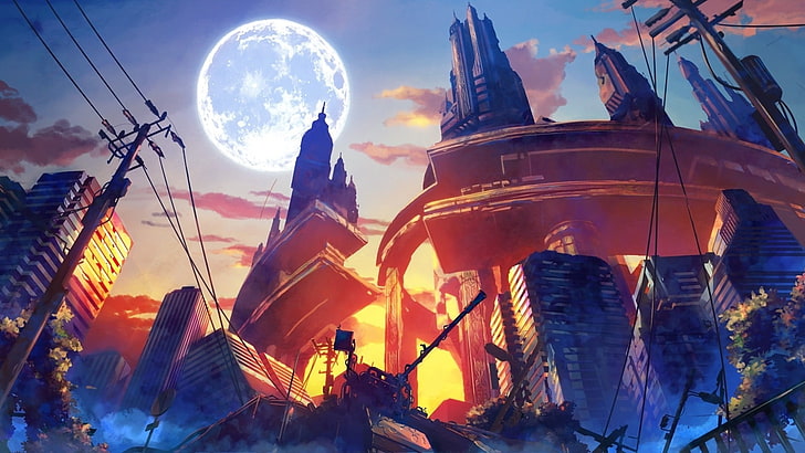 ilustração de arranha-céus, arte da fantasia, anime, destruição, trabalho artístico, cidade, lua, HD papel de parede
