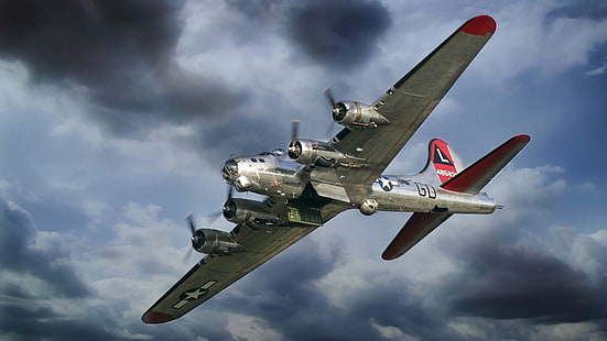 серый и красный летательный аппарат, самолет, крепость, бомбардировщик, американский, боинг, тяжелый, B-17, WW2., летающий, раз, четырехмоторный, Flying Fortress, металл, HD обои HD wallpaper