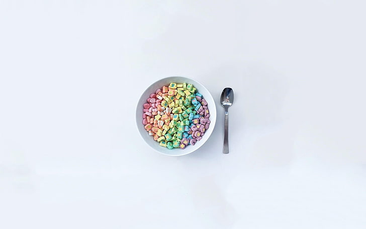 round white ceramic bowl and silver spoon, Lucky Charms, marshmallows, minimalism, food, sweets, breakfast, cereal, simple background, HD wallpaper