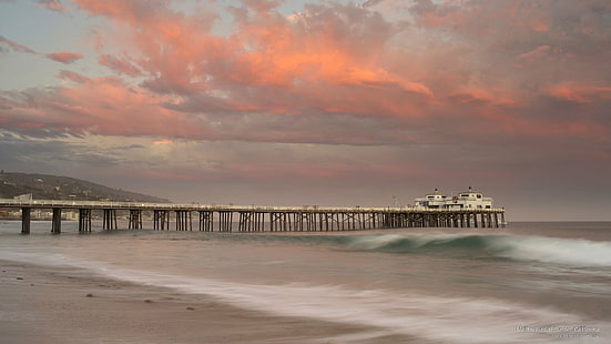 日没、カリフォルニア、ビーチのマリブ桟橋、 HDデスクトップの壁紙 HD wallpaper