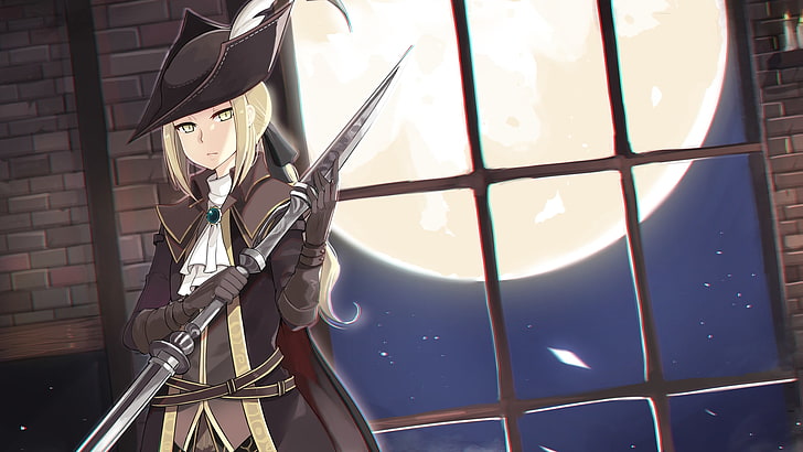 lady maria of the astral clocktower, bloodborne, anime style, spear, moon, Anime, HD wallpaper