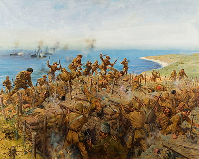 войник военна живопис, масло, картина, платно, художникът Теренс Кунео, WW1, & quot; Битката за Сари Баир & quot;, HD тапет HD wallpaper