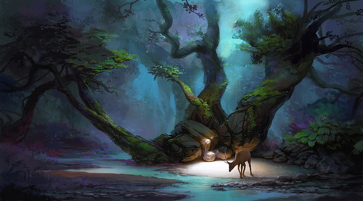ilustracja zielonego drzewa liściastego, jeleń przed drzewem grafika, piksele, fantasy, grafika, sztuka cyfrowa, abstrakcja, jeleń, drzewa, jesień, ciemny, Tapety HD