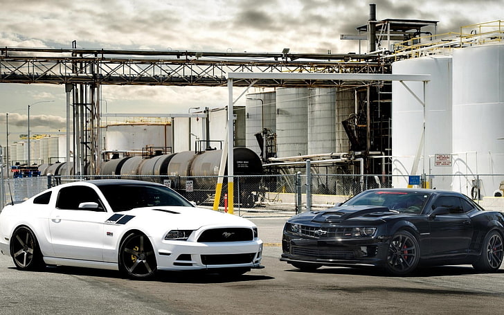 two white and black cars, Ford Mustang, car, Chevrolet Camaro, HD wallpaper