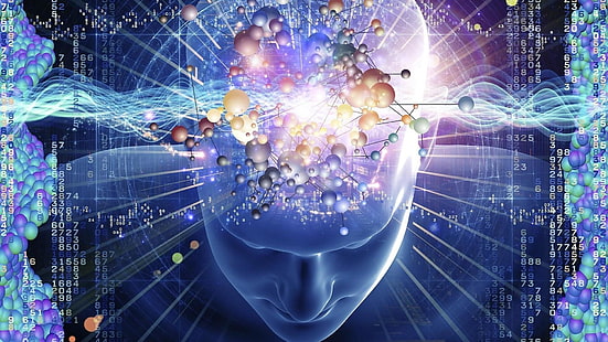 human, brain, blue, computer, numbers, head, art, special effects, technology, graphics, artwork, HD wallpaper HD wallpaper