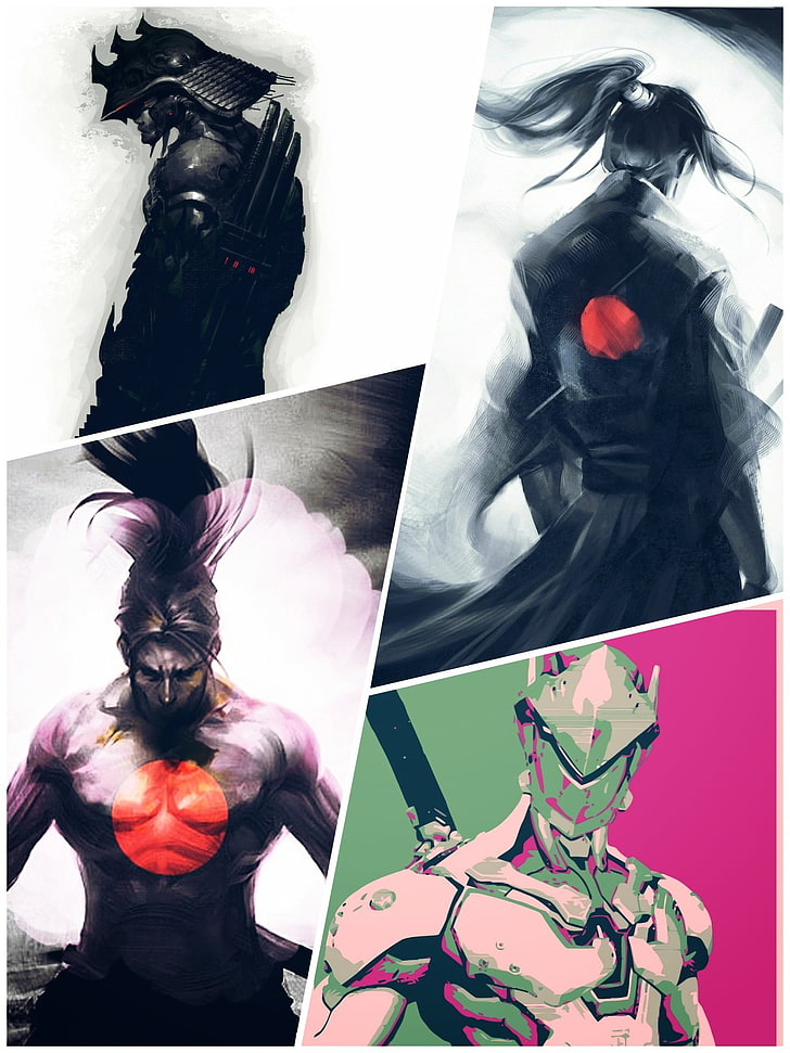 коллаж из четырех разных иллюстраций самураев, Генджи (Overwatch), Генджи Симада, Ясуо (Лига легенд), Ясуо, клинки, Ронин, самурай, HD обои, телефон обои