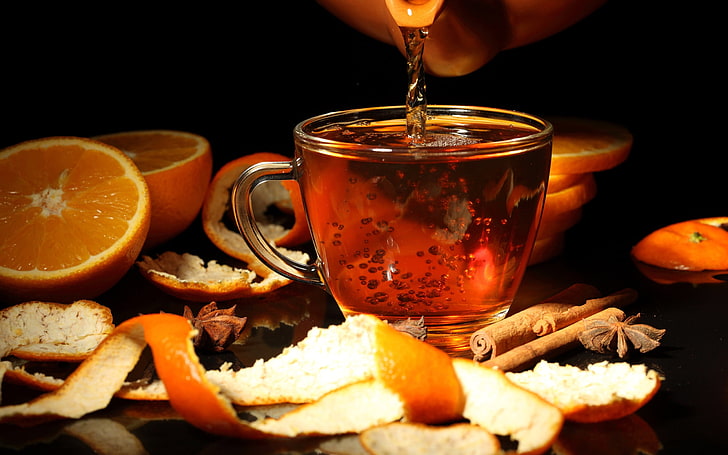 clear glass teacup, cinnamon, star anise, cup, oranges, teapot, peel, drink, HD wallpaper