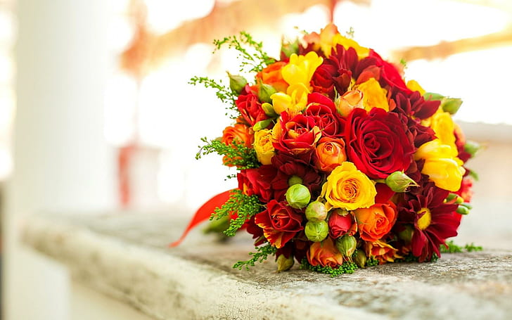 Roses Yellow Red Orange Flowers Bouquet, roses, yellow, orange, flowers, bouquet, HD wallpaper