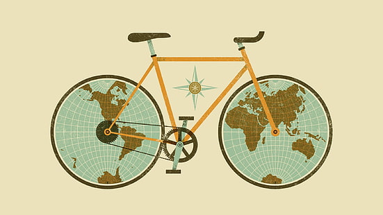 yellow road bicycle wallpaper, digital art, simple background, minimalism, bicycle, world map, Earth, wheels, map, continents, North America, South America, Africa, Europe, Australia, Asia, Antarctica, chains, gears, fixie, HD wallpaper HD wallpaper