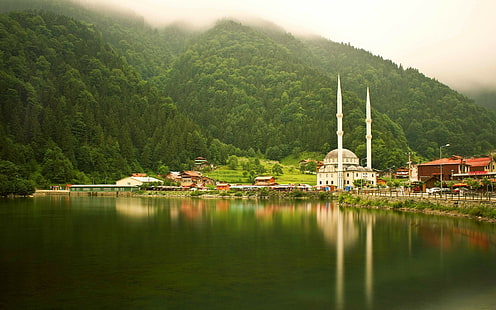 riflesso, foresta, Turchia, moschea, natura, Uzungöl, colline, lago, paesaggio, nebbia, alberi, Trabzon, Sfondo HD HD wallpaper