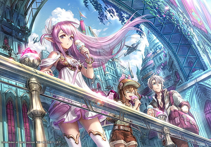 anime, langit, karakter asli, kota, es krim, rambut merah muda, Wallpaper HD