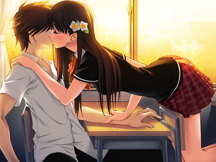 woman kissing man illustration, kissing, school uniform, anime girls, anime, HD wallpaper