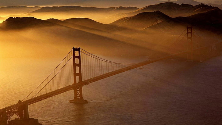 bridge, sunrise, sky, marin headlands, dawn, calm, horizon, morning, golden gate bridge, san fransisco, california, united states, usa, HD wallpaper