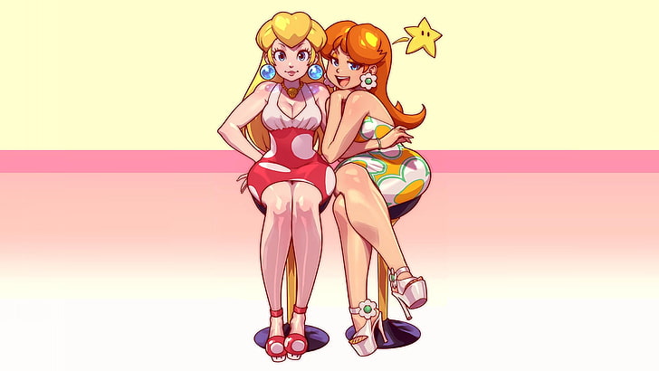 dua wallpaper karakter kartun wanita, Princess Peach, Super Mario, sepatu hak tinggi, Princess Daisy, pirang, berambut merah, belahan dada, kaki, Wallpaper HD