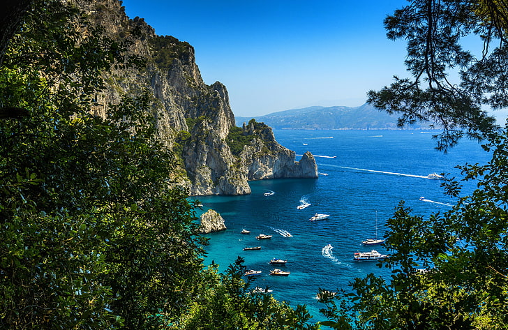green trees, Nature, Yacht, Rock, Italy, Coast, Capri, Sailing, HD wallpaper