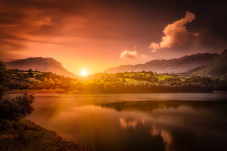 grönt berg och solnedgång, solnedgång, berg, Spanien, Asturien, reservoar, Alfilorios Reservoir, HD tapet HD wallpaper