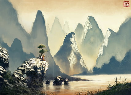 arte da fantasia, pintura, arte tradicional, pintura com pincel chinês, HD papel de parede HD wallpaper