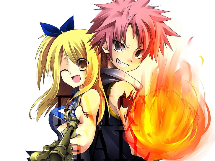 Fairy Tail illustration, boy, girl, lucy and natsu, smile, joy, arms, ball, fire, HD wallpaper