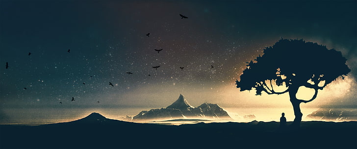 silhouette of tree, silhouette of tree near mountain during night, mountains, sadness, birds, HD wallpaper