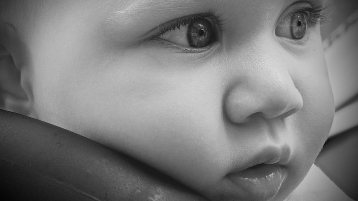 baby, black and white, child, children, close up, cute, eye lashes, eyes, face, infant, innocence, lips, looking, monochrome, person, toddler, young, HD wallpaper