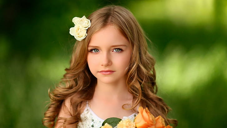 Mädchen, Kopf, langes Haar, Blumen, niedliches kleines Mädchen, Mädchen, Kopf, langes Haar, Blumen, niedliches kleines Mädchen, HD-Hintergrundbild