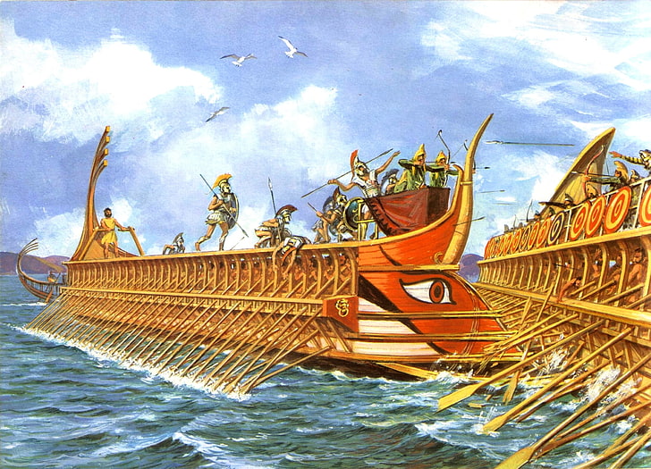 茶色のボートの壁紙、空、雲、鳥、図、戦い、タラン、剣、矢、盾、槍、ルーク、トリーア、ペルシャ人、重装歩兵、エーゲ海、ギリシャ人、武装、サラマンス、三段reme船、サロニック湾、海、480 GBC、 HDデスクトップの壁紙