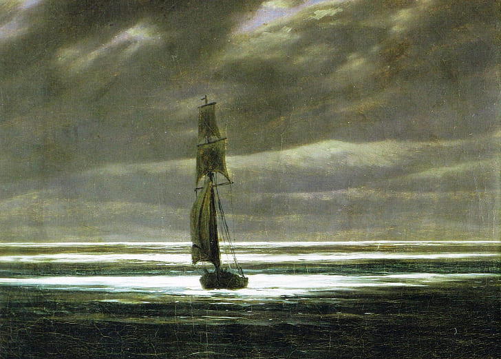 кораб, картина, платно, морски пейзаж, Каспар Дейвид Фридрих, Брегът в лунната светлина, HD тапет
