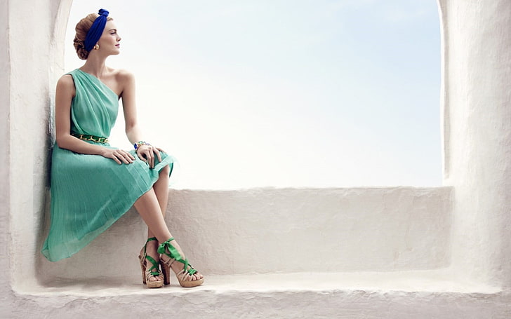 women, model, sitting, high heels, dress, HD wallpaper