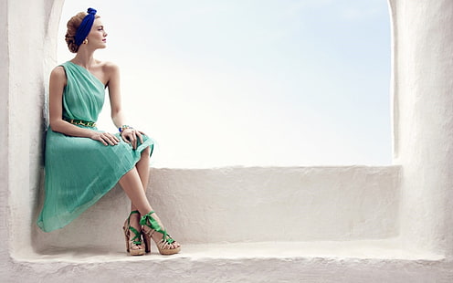 mulheres, modelo, sentado, sapatos de salto altos, vestido, HD papel de parede HD wallpaper