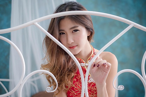 maglia senza maniche rossa e gialla da donna, Ohly, Atita Wittayakajohndet, modello asiatico, modello thailandese, Sfondo HD HD wallpaper