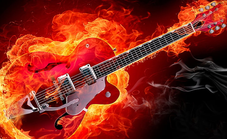 火のロカビリーエレクトリックギター、レッドジャズギター、要素、火、電気、ギター、音楽、炎、煙、ロカビリー、 HDデスクトップの壁紙