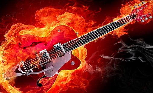 Rockabilly Electric Guitar on Fire, czerwona gitara jazzowa, elementy, ogień, elektryczna, gitara, muzyka, płomienie, dym, rockabilly, Tapety HD HD wallpaper