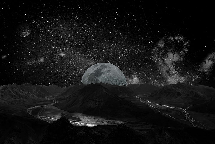 all, astrology, astronaut, astronautics, astronomy, atmosphere, background, ball, black and white, celestial body, cosmos, crater, desktop background, earth, fantasy, fantasy world, galaxy, globe, infinity, landsca, HD wallpaper