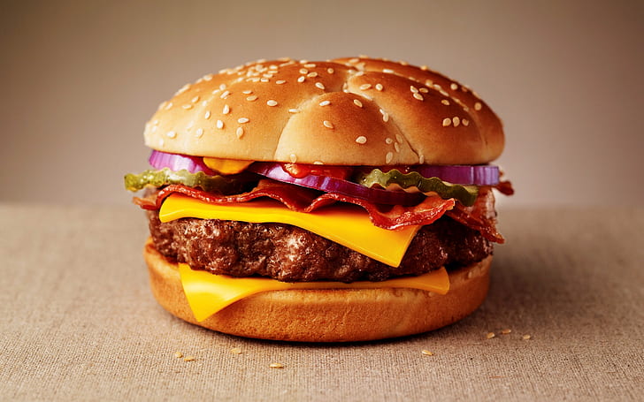 Double Cheeseburger, hamburger with chess, food, meat, salad, bread, fast food, HD wallpaper