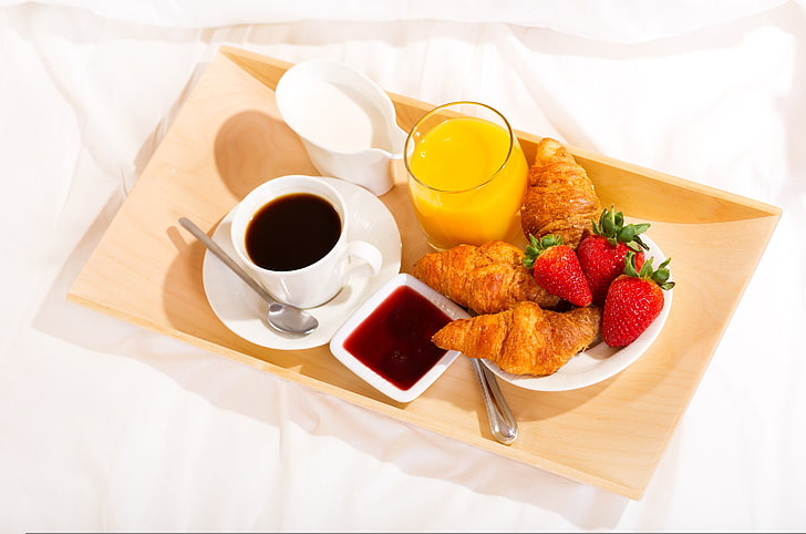 rectangular brown wooden bed tray, coffee, breakfast, HD wallpaper