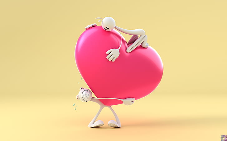 Heavy, stick figure carrying pink heart 3d illustration, heart, love, HD wallpaper