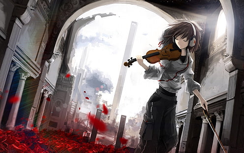 Violinista Anime Girl, capelli castani femmina illustrazione personaggio anime, Anime / Animato,, ragazza, rosa, anime, petali, violinista, Sfondo HD HD wallpaper