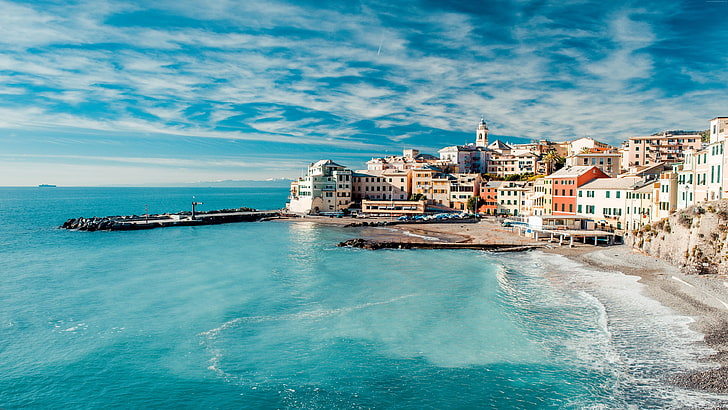 mar, cielo, costa, bogliasco, Italia, orilla, Europa, Génova, ciudad, Liguria, agua, bahía, nube, Fondo de pantalla HD