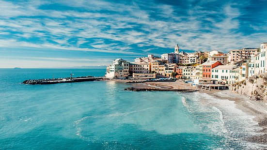 mar, cielo, costa, bogliasco, Italia, orilla, Europa, Génova, ciudad, Liguria, agua, bahía, nube, Fondo de pantalla HD HD wallpaper