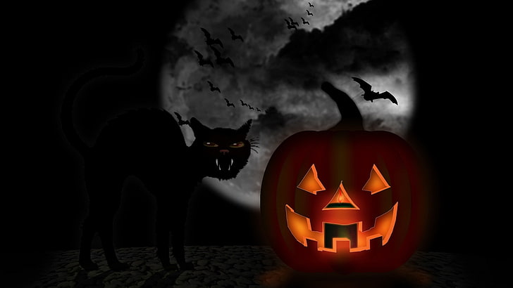 arts, bat, candle, cat, fire, grimace, halloween, holiday, lanterns, pumpkin, HD wallpaper