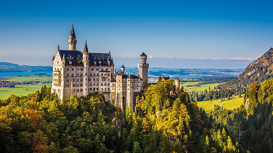 قلعة نويشفانشتاين ، القلعة ، أوروبا ، هوهنشوانجاو ، السماء الزرقاء ، شوانجاو ، بافاريا ، ألمانيا، خلفية HD HD wallpaper