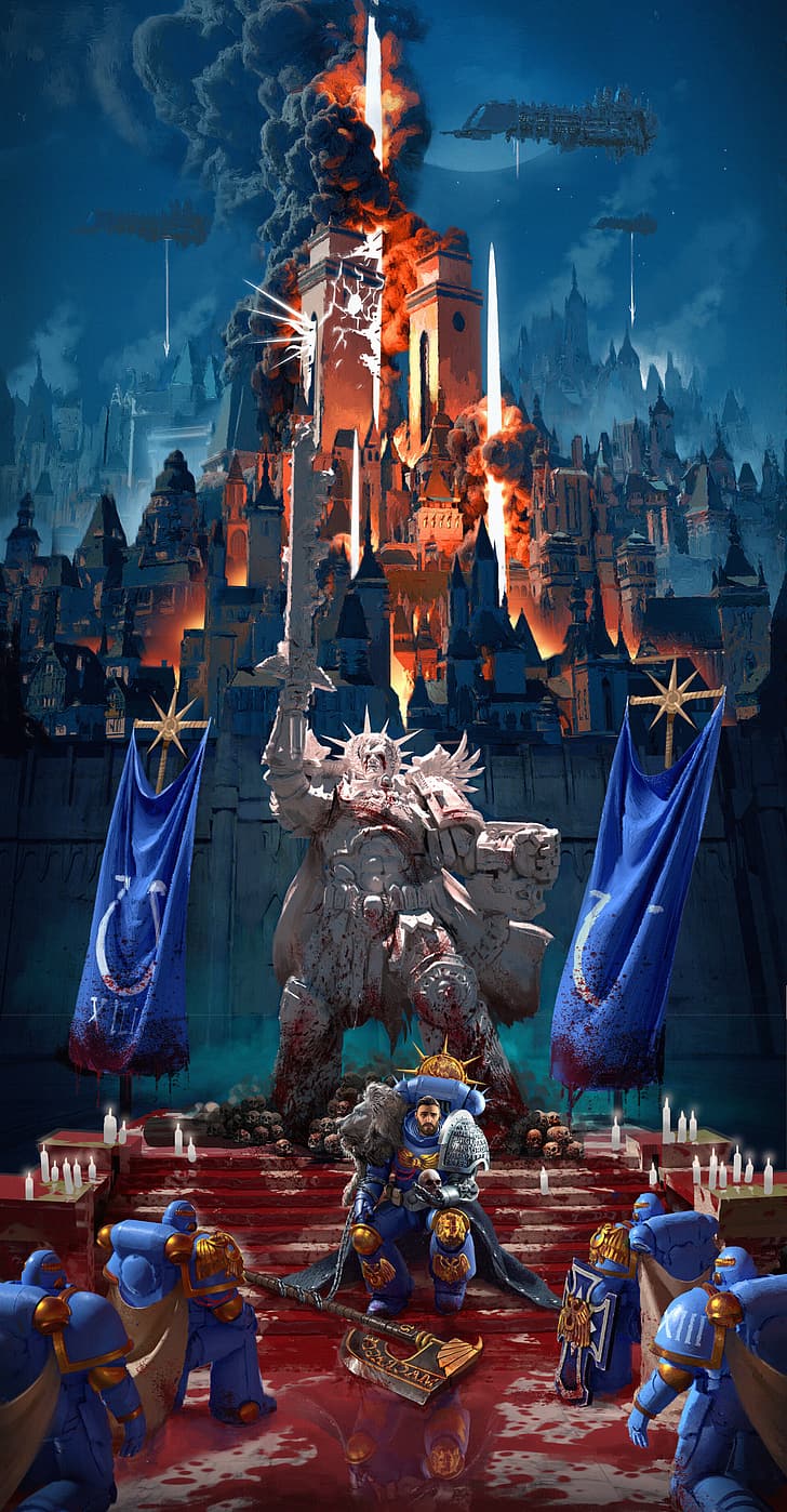 Warhammer, Warhammer 40.000, Blau, Omega, Statue, Gold, Weiß, Raumschiff, Imperium of Man, Robute Gilliman, Stadt, Mauer, Blut, Kettenaxt, HD-Hintergrundbild, Handy-Hintergrundbild