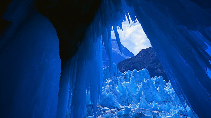 ธารน้ำแข็งภูเขาหิมะน้ำแข็งธรรมชาติถ้ำฤดูหนาวน้ำแข็งทิวทัศน์เมฆ, วอลล์เปเปอร์ HD