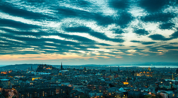 paisagem da cidade durante a noite, Escócia, Edimburgo, cidade, paisagem urbana, nuvens, Reino Unido, rua, HD papel de parede