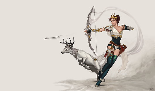 fille, le jeu, cerf, archer, art, chasse, chasseur, personnage, fantaisie, Artemis Concept, Fond d'écran HD HD wallpaper